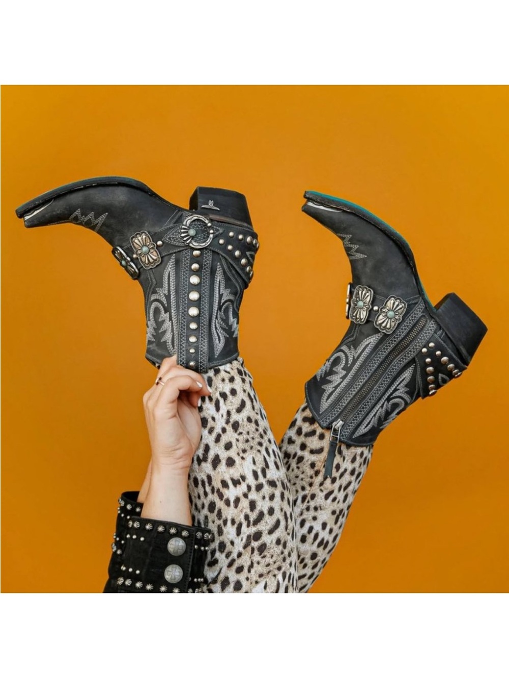 Lane Mesa Black Embroidered Western Ankle Boots with Concho Strap
